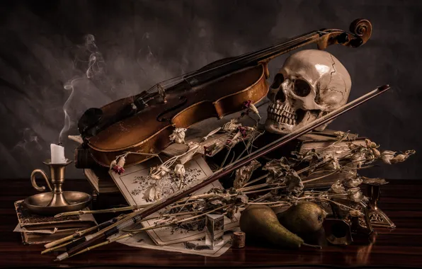 Picture flowers, violin, skull, candle, still life, pear