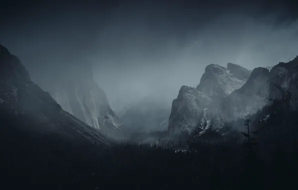 Picture winter, forest, the sky, snow, mountains, nature, fog, rocks