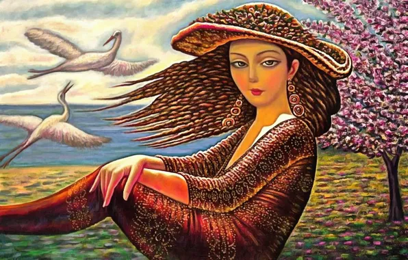 Picture woman, hat, cranes, Awakening, Sevada Grigoryan