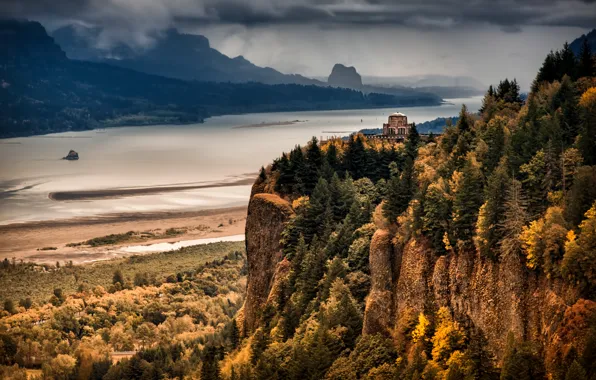 Autumn, forest, mountains, river, Columbia River Gorge, The Overlook