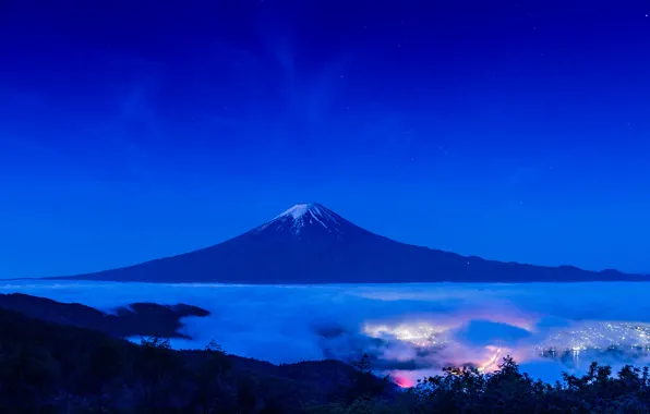 Landscape, night, lights, mountain, the volcano, Japan, Fuji