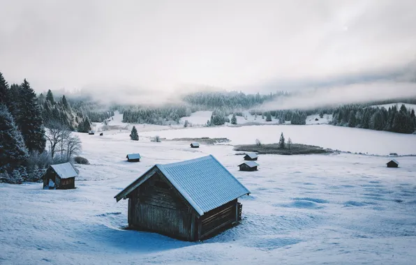 Picture winter, snow, valley, Alps, houses, forest