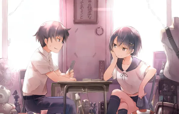 Picture card, girl, smile, anime, fan, guy, sitting, school uniform