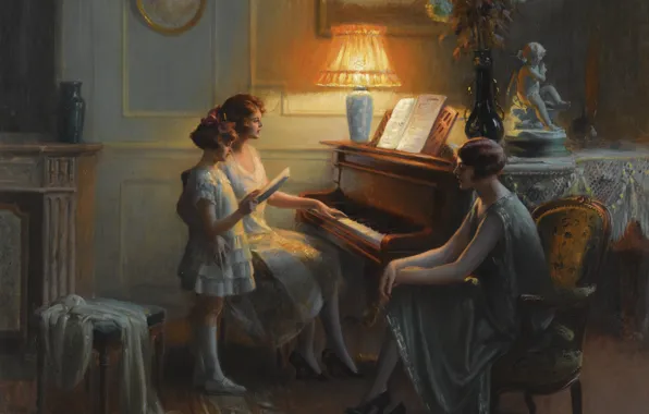 Picture flowers, lamp, oil, the evening, piano, Academism, Dolphin Angola, Singing lesson