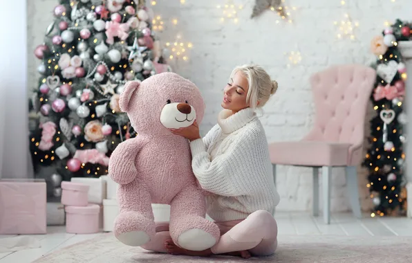 Picture girl, mood, bear, New year, tree, sweater, Teddy bear, Dmitry Arhar