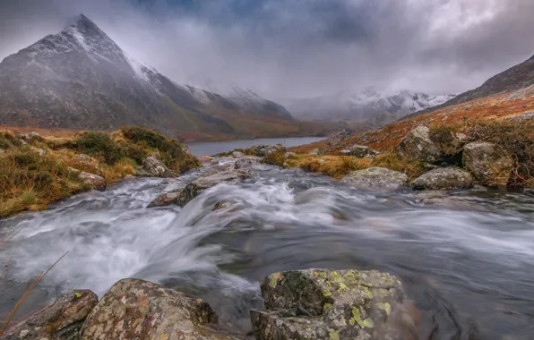 Clouds, mountains, river, stones, Wales, Snowdonia, valley Ogwen