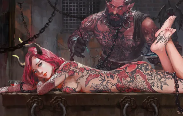 Erotic, look, the demon, tattoo, art, chain, succubus