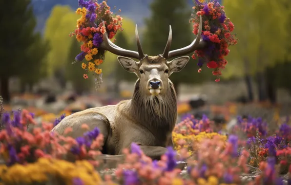 Flowers, nature, deer, AI art, neural network