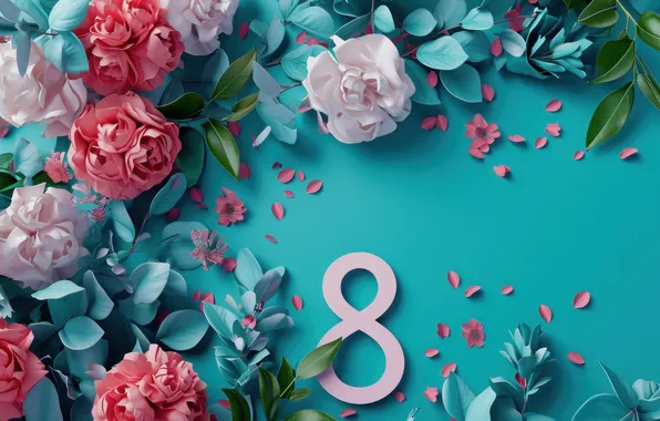 Flowers, holiday, spring, March 8, composition, International women's day, festive background, AI art