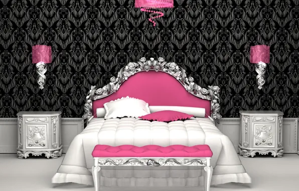Picture room, pink, bed, Interior