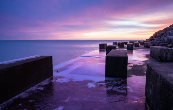 Sunset, Water, Sea, Shore, Stone, Blocks, Plate