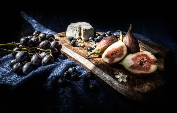 Light, the dark background, cheese, grapes, fabric, fruit, still life, figs