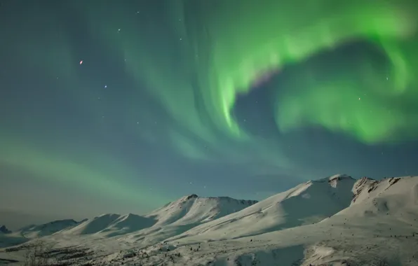 Winter, stars, snow, mountains, night, Northern lights, Alaska, USA