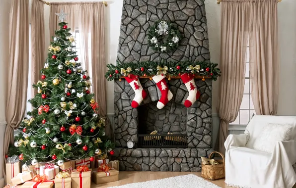 Decoration, toys, tree, New Year, Christmas, gifts, fireplace, Christmas