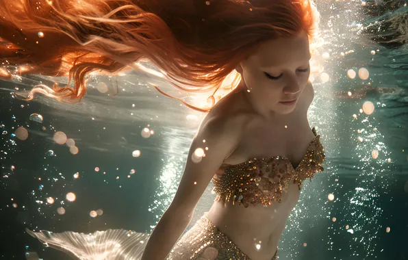 Girl, Mermaid, Hair, Red, Underwater world, Tail, Digital art, AI art