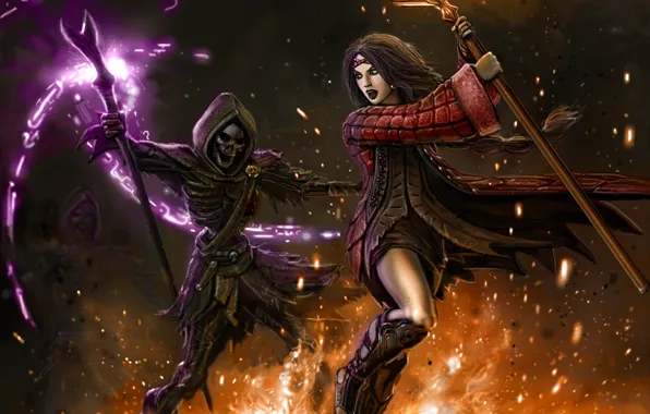 Picture girl, death, fantasy, fire, magic, skeleton, MAG
