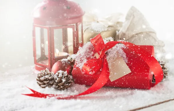Winter, snow, red, table, box, gift, candle, ball