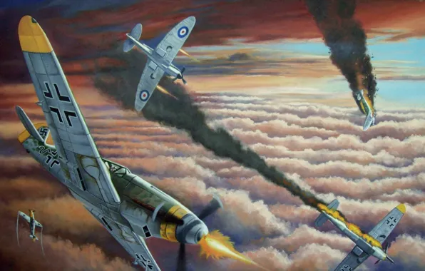 Clouds, smoke, figure, battle, art, Spitfire, bf-109, lined