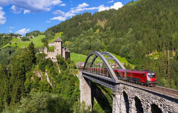 Picture forest, bridge, castle, train, Austria, viaduct, Austria, Tyrol