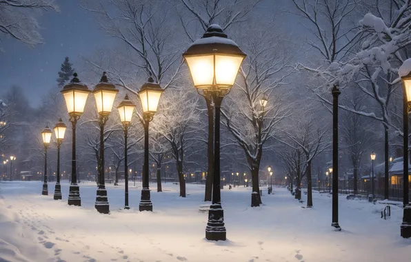 Picture winter, snow, night, Park, street, lights, alley, night