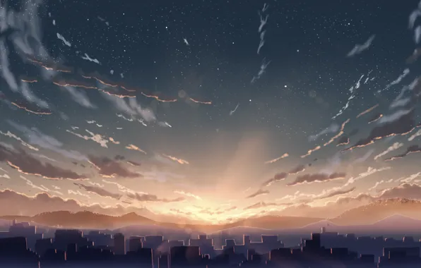 The sky, sunset, the city