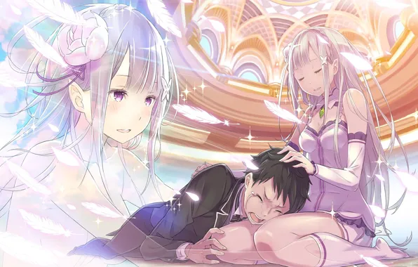 Girl, guy, tears, anime, art, crying, Emilia, Subaru Natsuki