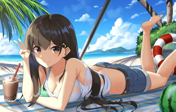 Beach, sky, woman, big, anime, cloud, beautiful, pretty