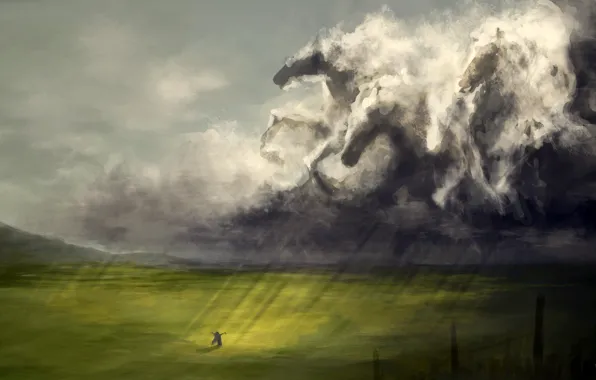 Field, girl, clouds, rays, rain, figure, horse, art