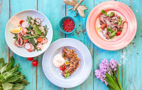 Flowers, food, Cuts, salads