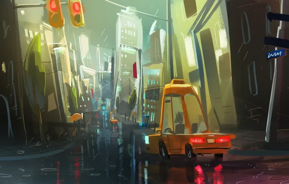 Road, machine, the city, rain, street, home, the evening, art