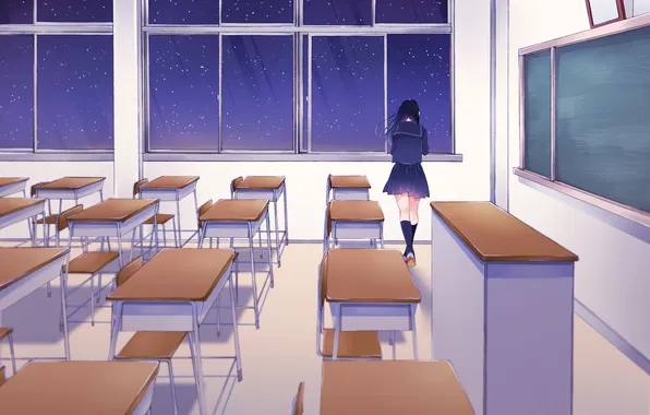 Girl, loneliness, Windows, art, class, school, back, desks