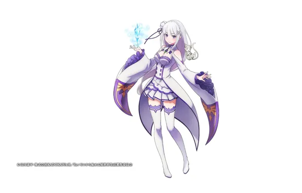 White background, ice crystals, white stockings, Emilia, Puck, Emilia (Re: Zero), Re Zero Kara Hajime …