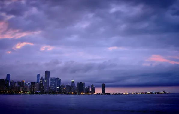 Picture lights, skyscrapers, the evening, America, Chicago, Chicago, USA