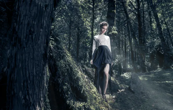 Picture forest, girl, style, skirt, in the woods