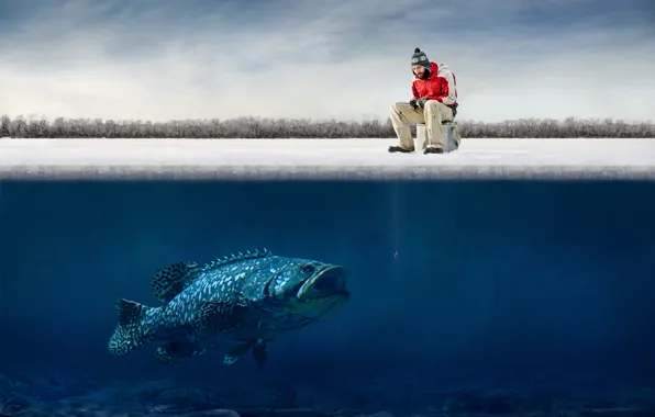 Wallpaper ice, humor, fisherman, ice, hooks, fisherman, humor, big fish for  mobile and desktop, section ситуации, resolution 9053x5992 - download