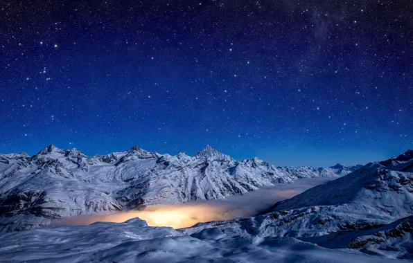 Light, sky, night, winter, snow, stars, Pennine Alps, Gornergrad