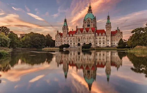 Sunset, lake, reflection, the building, Germany, Germany, Hannover, Hanover