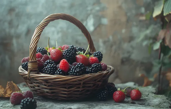 Berries, raspberry, wall, strawberry, grey background, basket, different, BlackBerry
