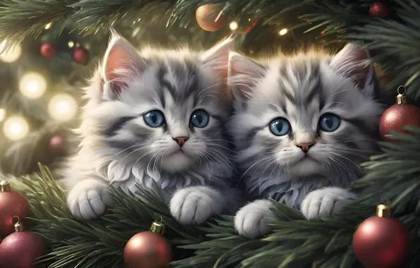 Cat, look, balls, branches, pose, kitty, legs, Christmas