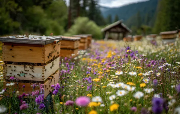 Field, forest, summer, landscape, chamomile, meadow, bees, boxes