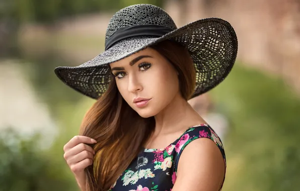 Look, background, portrait, hat, makeup, dress, hairstyle, brown hair
