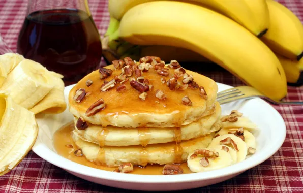 Picture honey, bananas, nuts, pancake