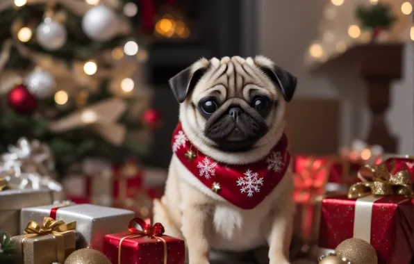 Dog, Christmas, pug, puppy, New year, face, Christmas decorations, new year decorations