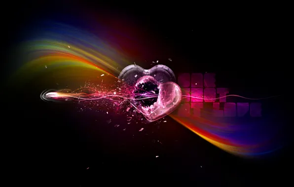 Strips, rainbow, heart, bullet, black background, shot through the heart, the shot at love, a …