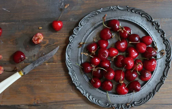 Berries, knife, cherry, dish