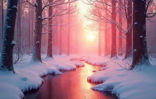 Winter, forest, snow, trees, nature, river, forest, nature