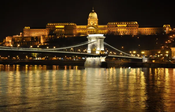 Night, bridge, lights, river, Palace, Hungary, Budapest, The Danube