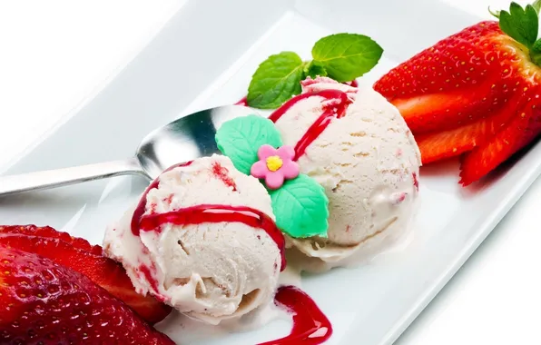 Food, strawberry, ice cream, mint, desserts