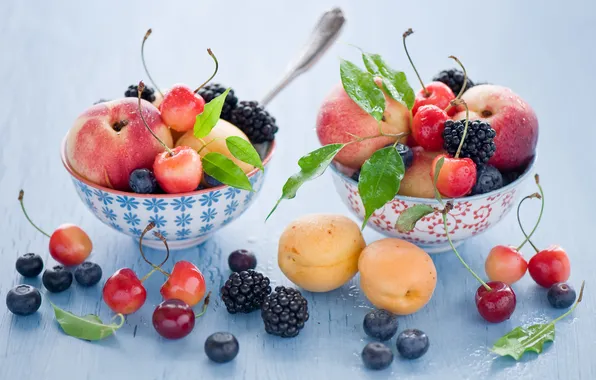 Berries, fruit, still life, cherry, BlackBerry, apricots, blueberries, nectarines