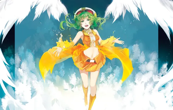 Picture girl, wings, Vocaloid, green hair, Gumi